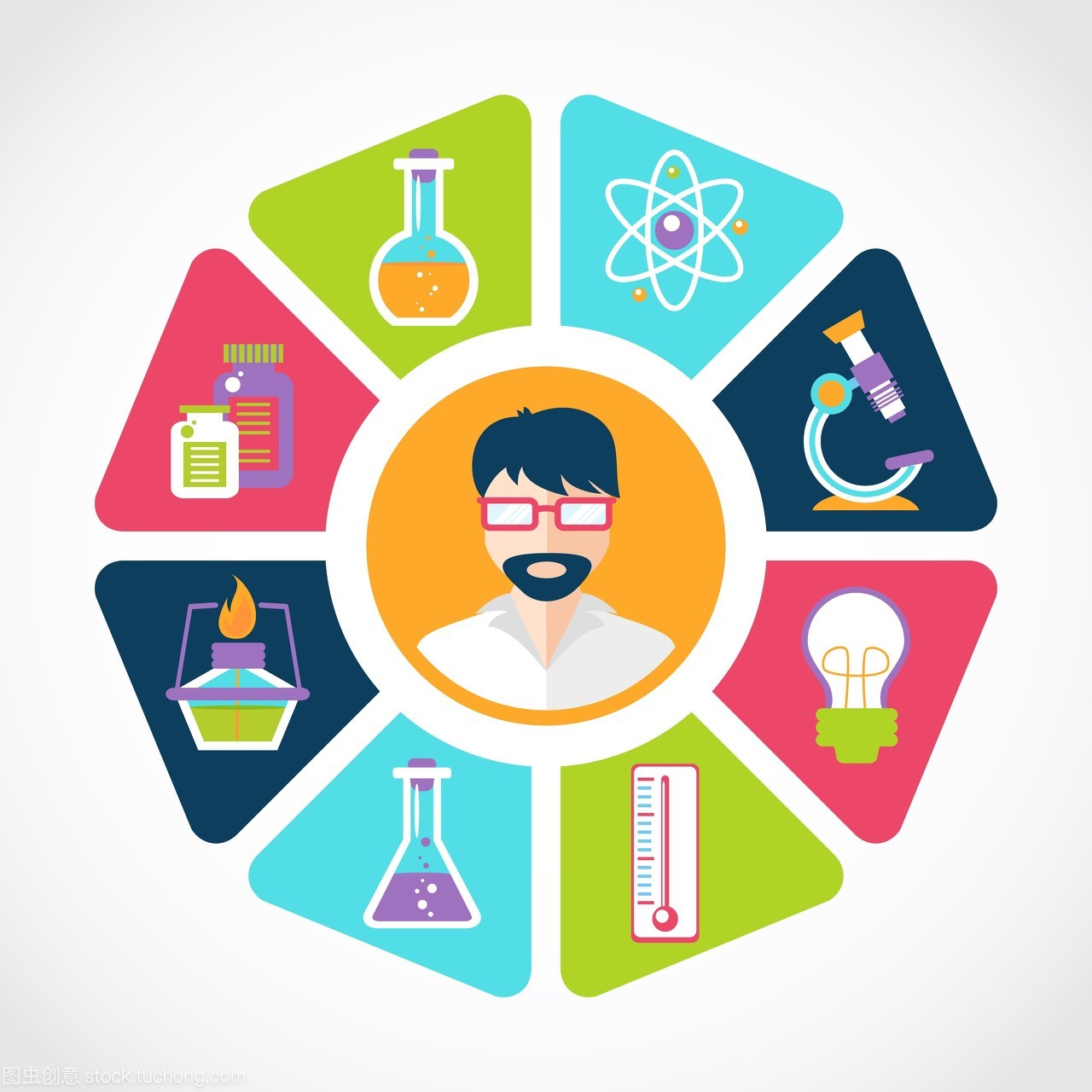 化学平面概念与实验研究设备和科学家在中间矢量插图